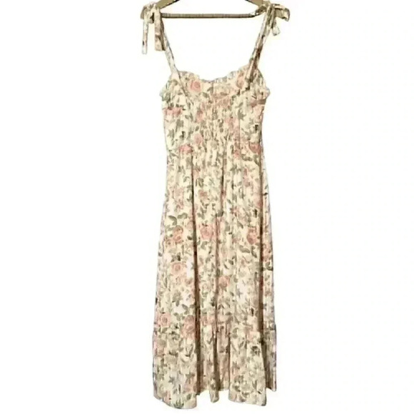 O.P.T. Floral Midi Dress L Cream Sweetheart Neck Ruffle Hem Bows NWT Coquette - Picture 3 of 9